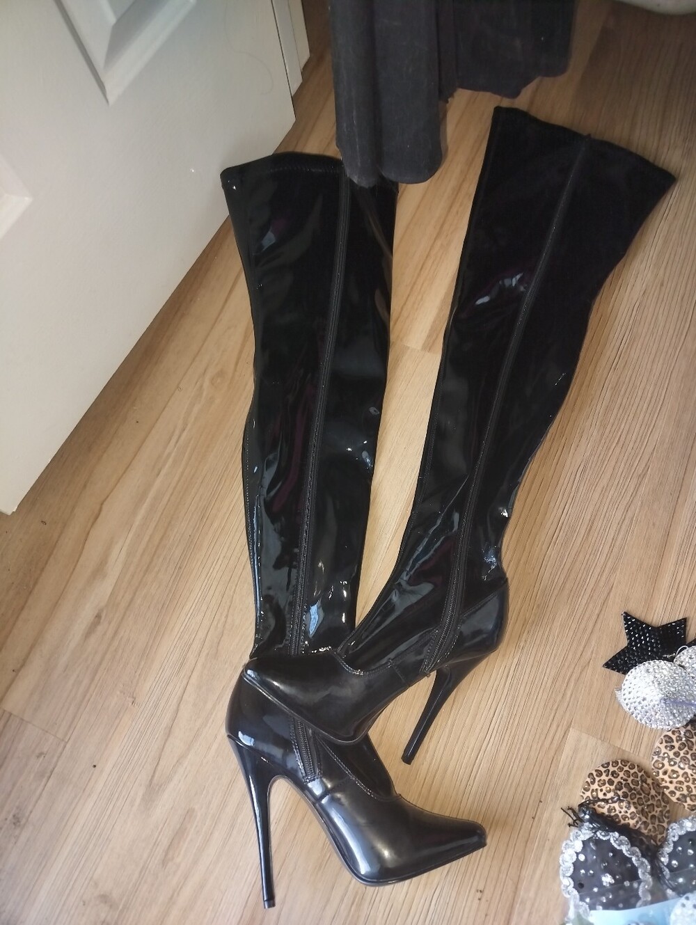 Pleaser Black Patent Over-the-Knee Stiletto Boots
